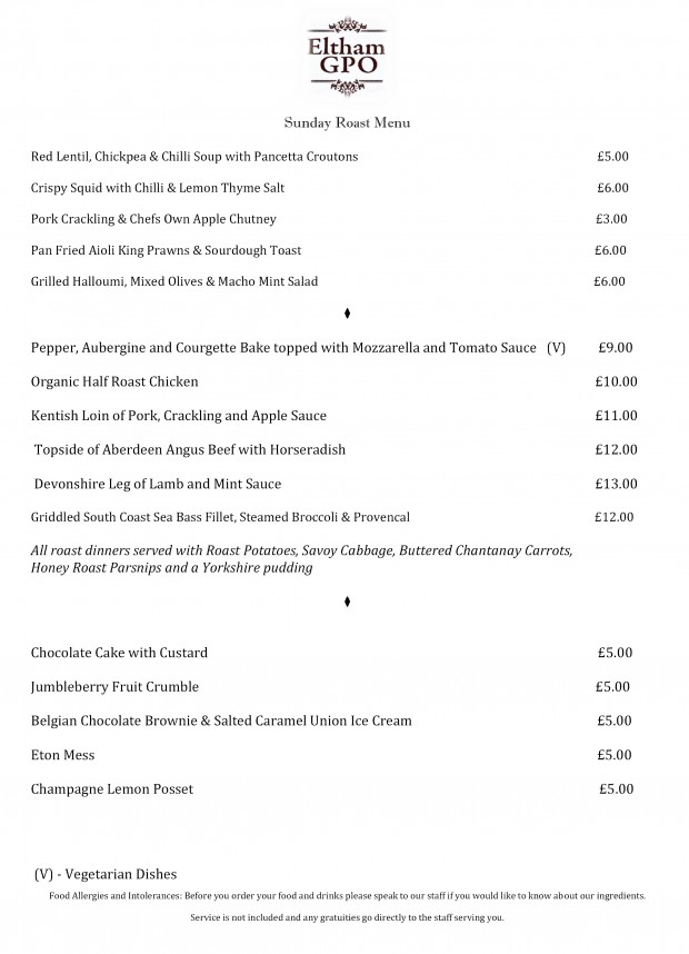 Sunday lunch menu Eltham GPO