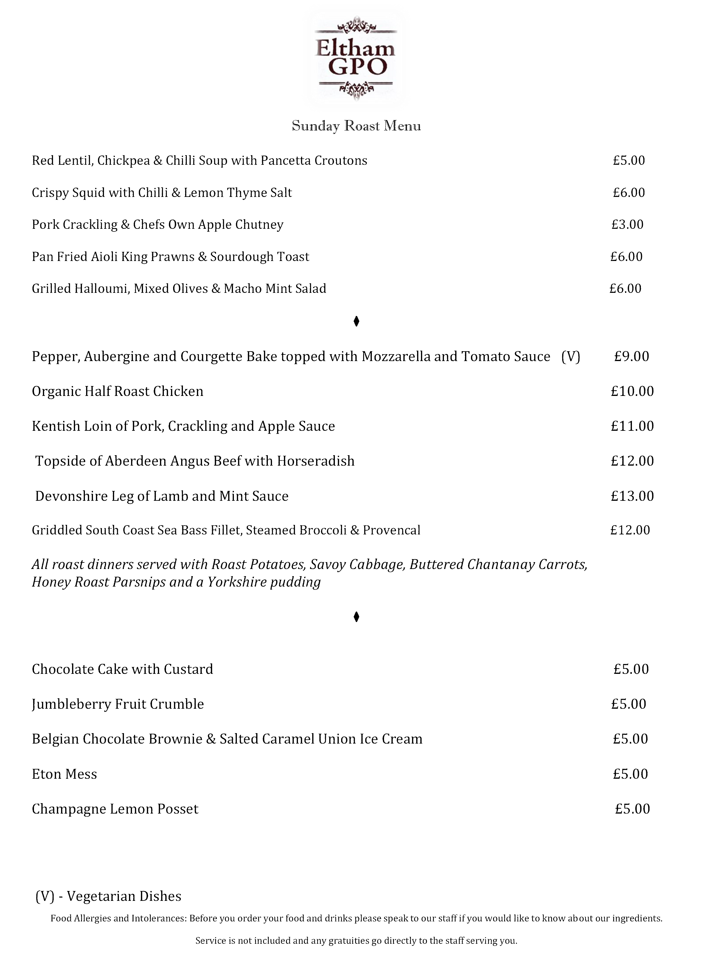 Sunday lunch menu Eltham GPO